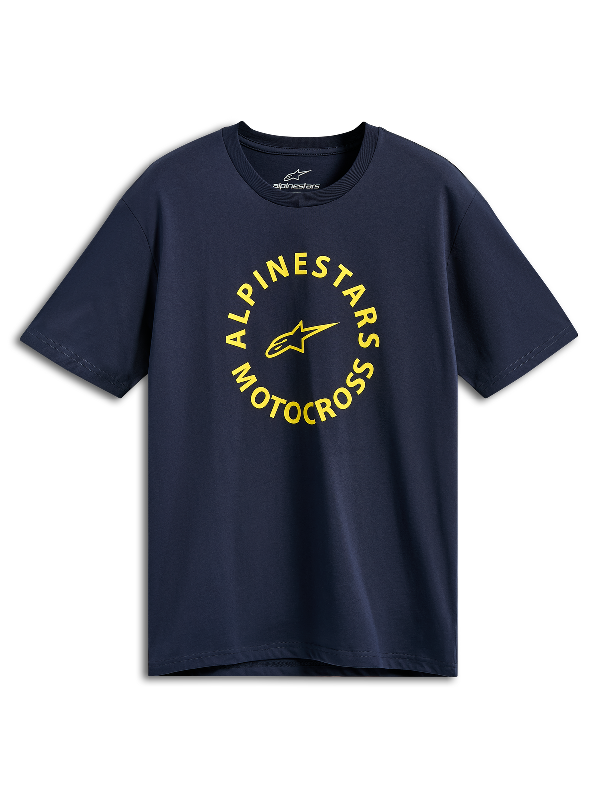 Alpinestars MX CSF Tee, t-shirt à manches courtes, bleu marine, graphique circulaire Alpinestars Motocross jaune, style sportswear décontracté