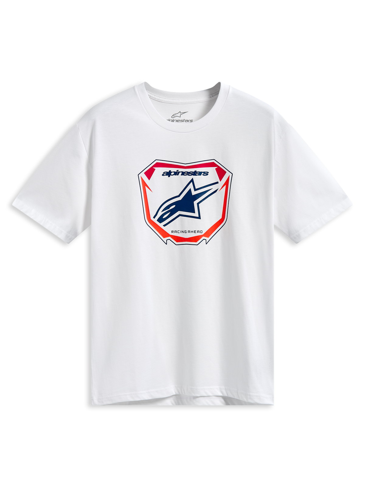Alpinestars Plate CSF Tee, t-shirt à manches courtes, blanc, graphique central de plaque MX avec logo Astars bleu et accents rouges et orange, streetwear décontracté inspiré du sport automobile