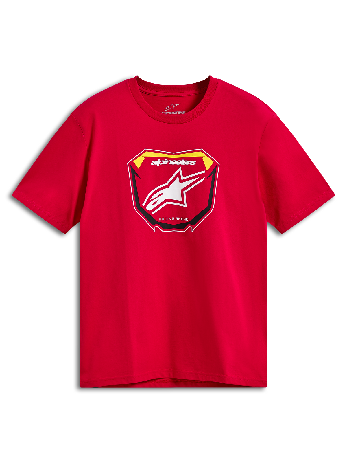 Alpinestars Plate CSF Tee, t-shirt à manches courtes, rouge, graphique de plaque MX à l'avant avec logo Astars blanc et texte Racing Ahead, sportswear décontracté