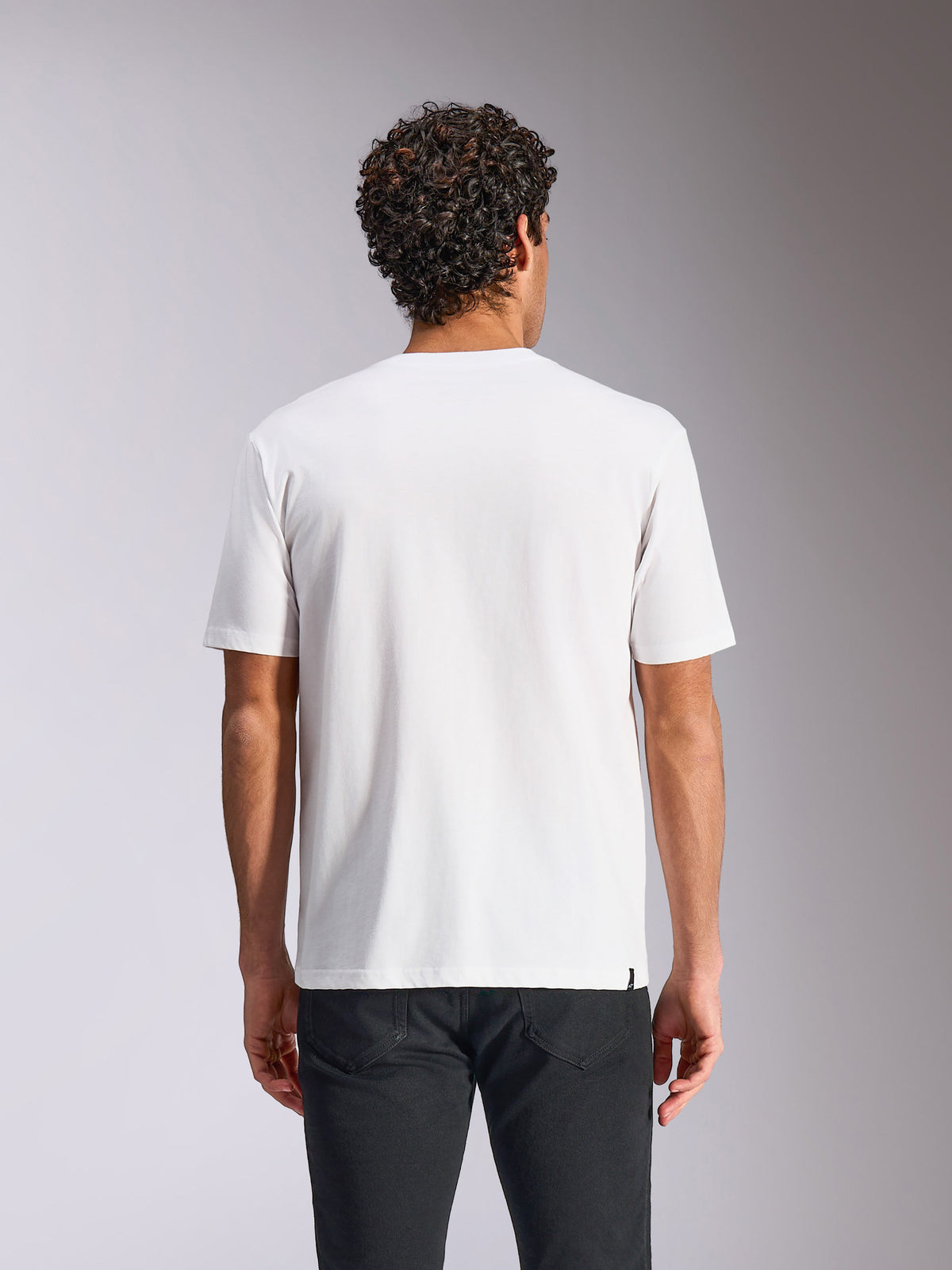 Alpinestars Plate CSF Tee, t-shirt à manches courtes, blanc, vue de dos, porté avec un pantalon noir, streetwear motorsport décontracté
