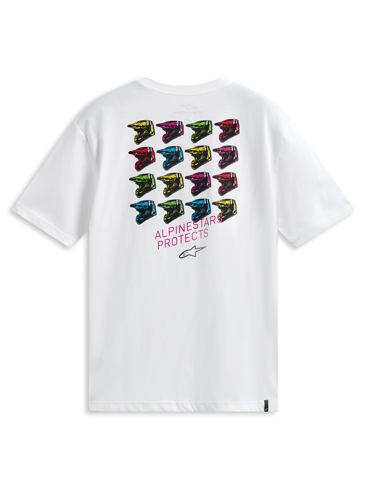 T-shirt Alpinestars Pop Helmet CSF, à manches courtes, blanc, vue de dos présentant une grille de casques M10 multicolores et l'inscription ALPINESTARS PROTECTS, streetwear décontracté inspiré du sport automobile