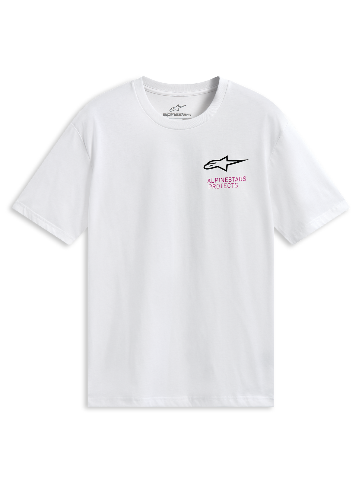 Alpinestars Pop Helmet CSF Tee, t-shirt à manches courtes, blanc, arborant le logo Astars à l'avant et un graphisme coloré du casque M10 au dos, vêtement sportswear décontracté motorsport