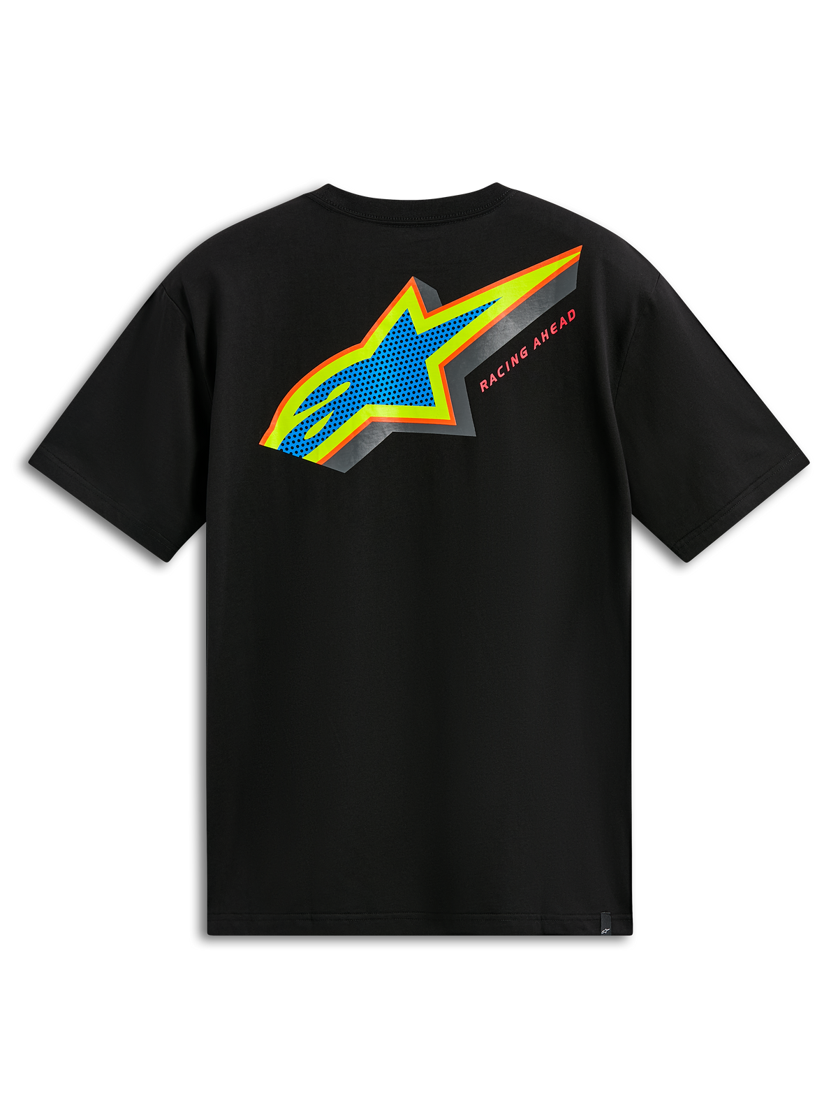 Alpinestars Angler CSF Tee, t-shirt à manches courtes, noir, vue de dos avec logo Astars multicolore, remplissage perforé bleu et inscription « Racing Ahead », style streetwear décontracté