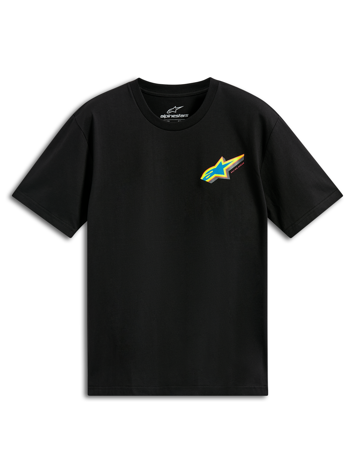 T-shirt Alpinestars Angler CSF, t-shirt à manches courtes, noir, logo Astars multicolore éclatant avec étoile bleue et bordure jaune sur la poitrine, style sportswear décontracté