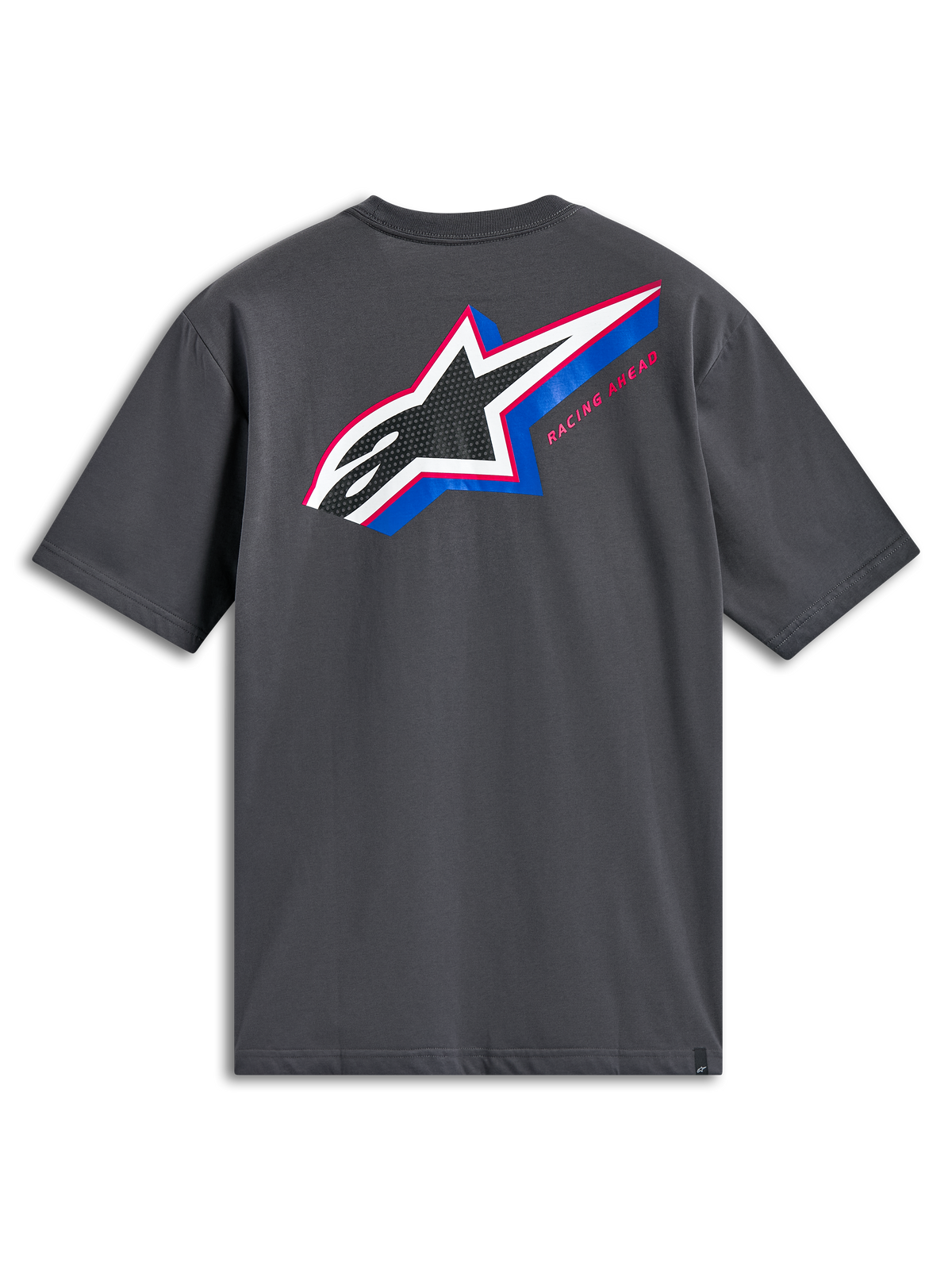 Alpinestars Angler CSF Tee, T-shirt à manches courtes, gris anthracite, vue de dos présentant un grand logo Astars multicolore avec remplissage perforé, des accents bleus et roses et le texte « Racing Ahead », streetwear décontracté de sport automobile