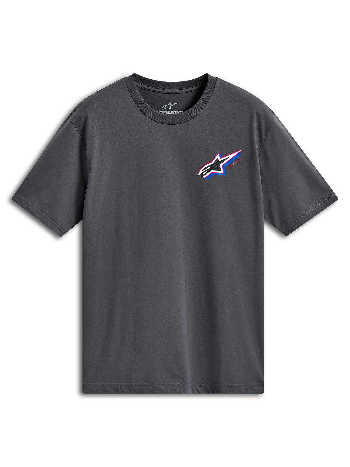 T-shirt Alpinestars Angler CSF, t-shirt à manches courtes, gris anthracite, logo Astars multicolore sur la poitrine gauche avec accents rouges et bleus, sportswear décontracté