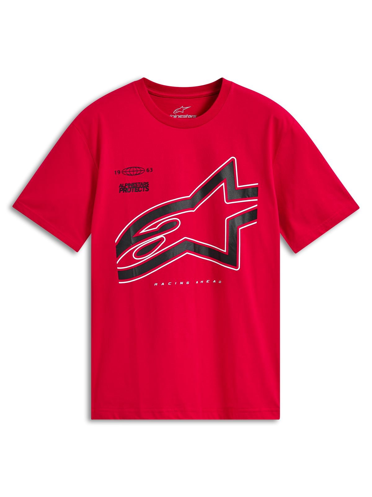 T-shirt Alpinestars Authority CSF, t-shirt à manches courtes, rouge, grand logo Astars noir recadré avec contour blanc, vêtement de sport motorsport décontracté
