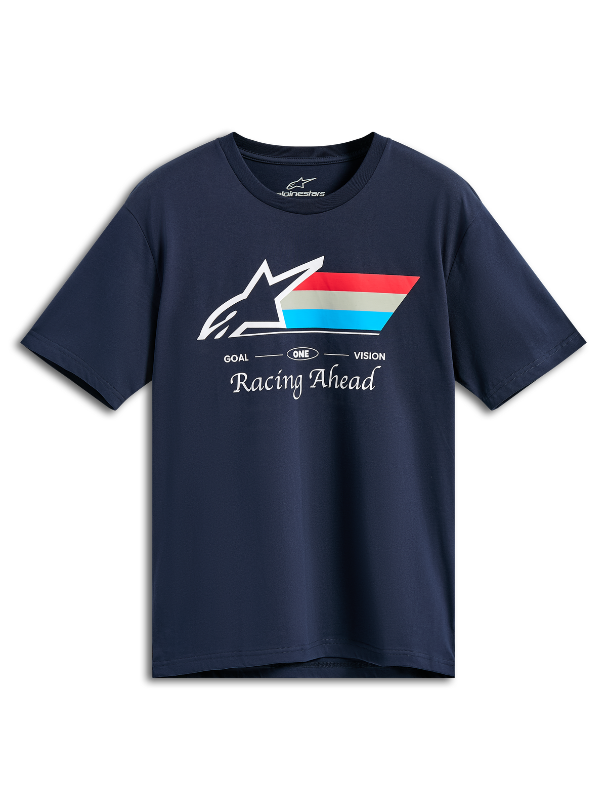 T-shirt Alpinestars Trifecta CSF, t-shirt à manches courtes, bleu marine, logo Astars blanc avec rayures rouges, grises et cyan, texte « GOAL ONE VISION » et « Racing Ahead », vêtement décontracté de style motorsport