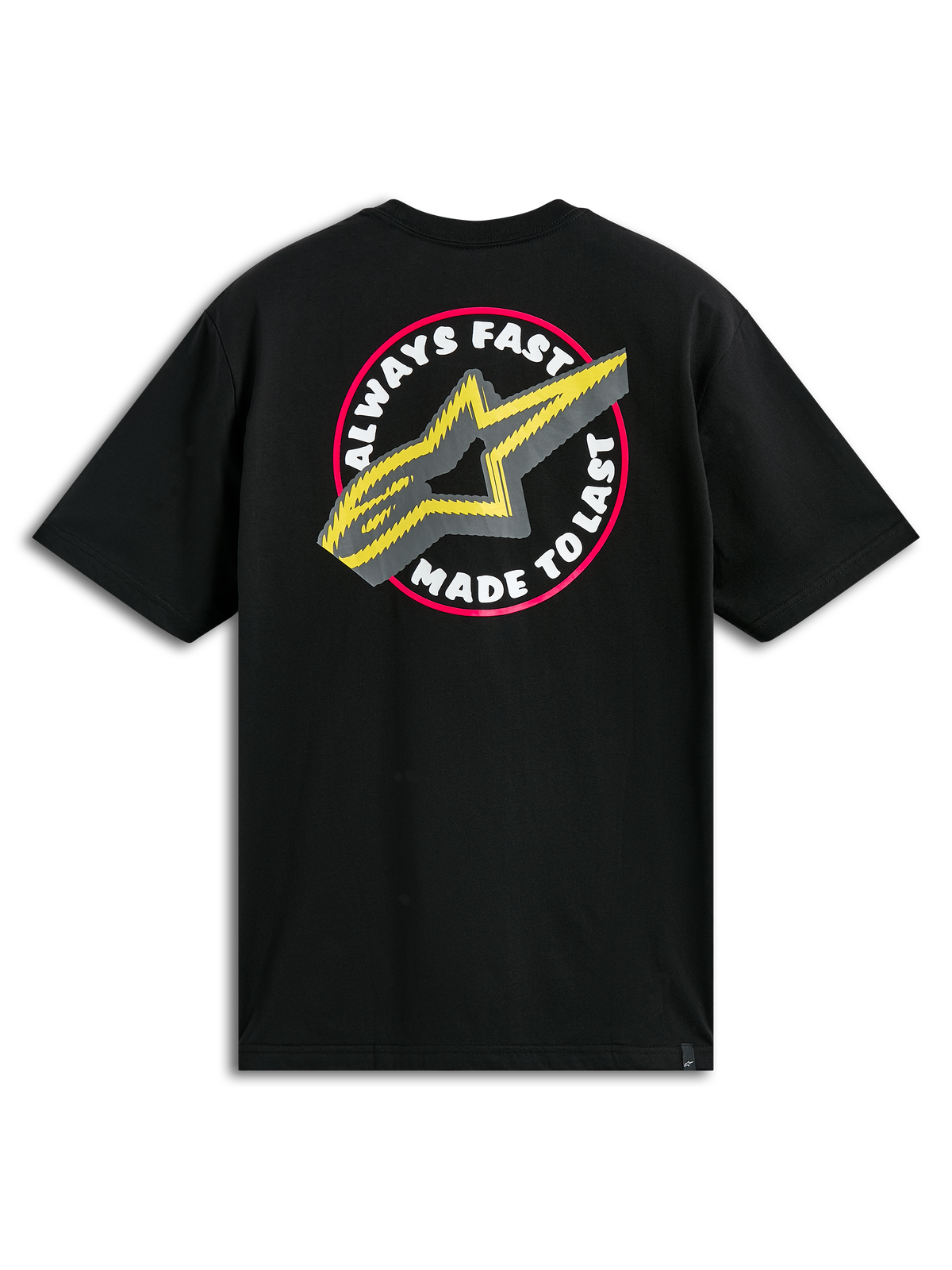T-shirt Alpinestars Aorbit CSF, t-shirt à manches courtes, noir, grand graphique circulaire au dos avec le texte Always Fast Made to Last et logo A-star jaune, vêtement streetwear décontracté inspiré du sport automobile