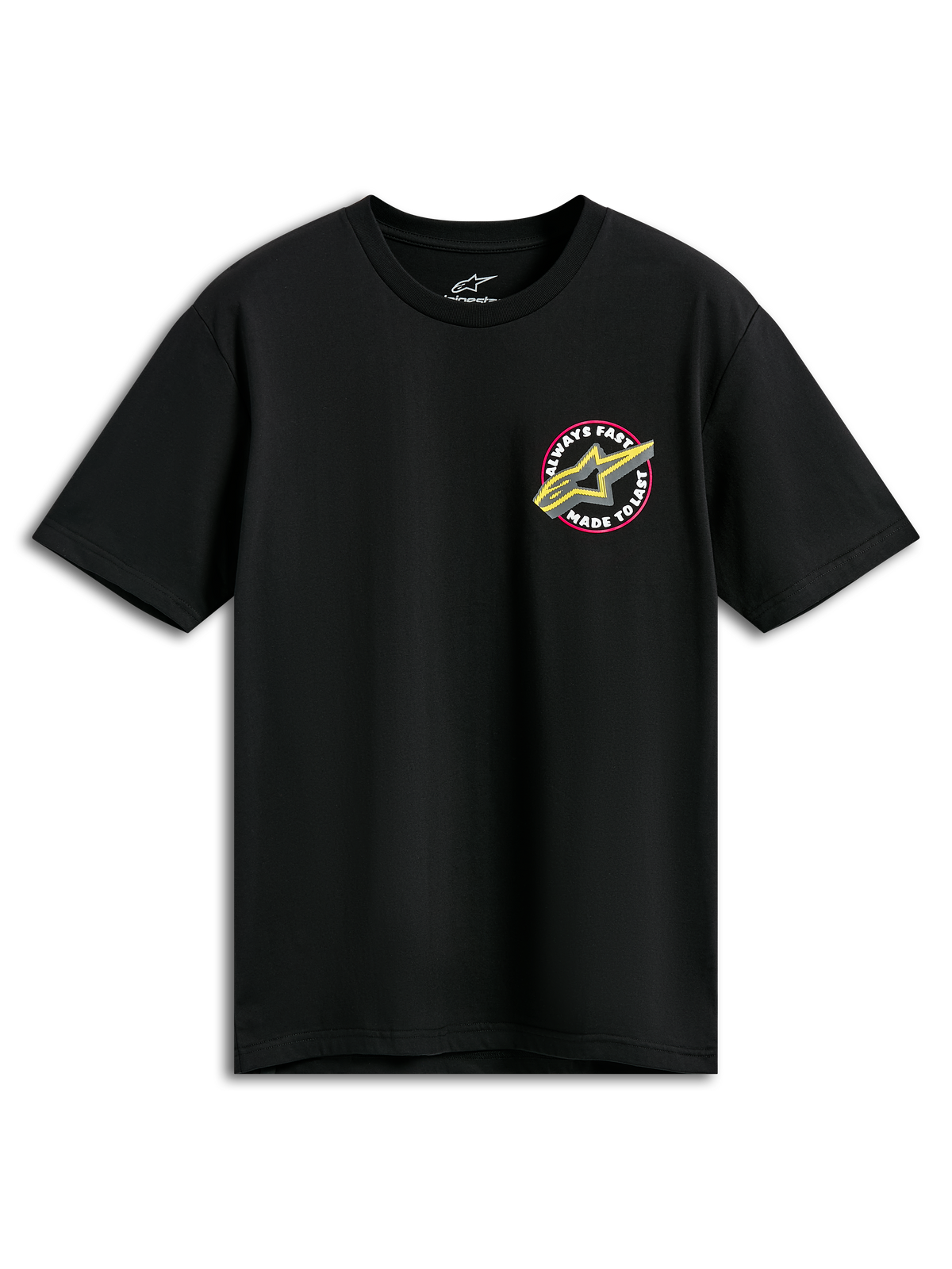 Alpinestars Aorbit CSF Tee, t-shirt à manches courtes, noir, logo Astars rose et jaune avec graphique Always Fast Made to Last, sportswear motorsport décontracté