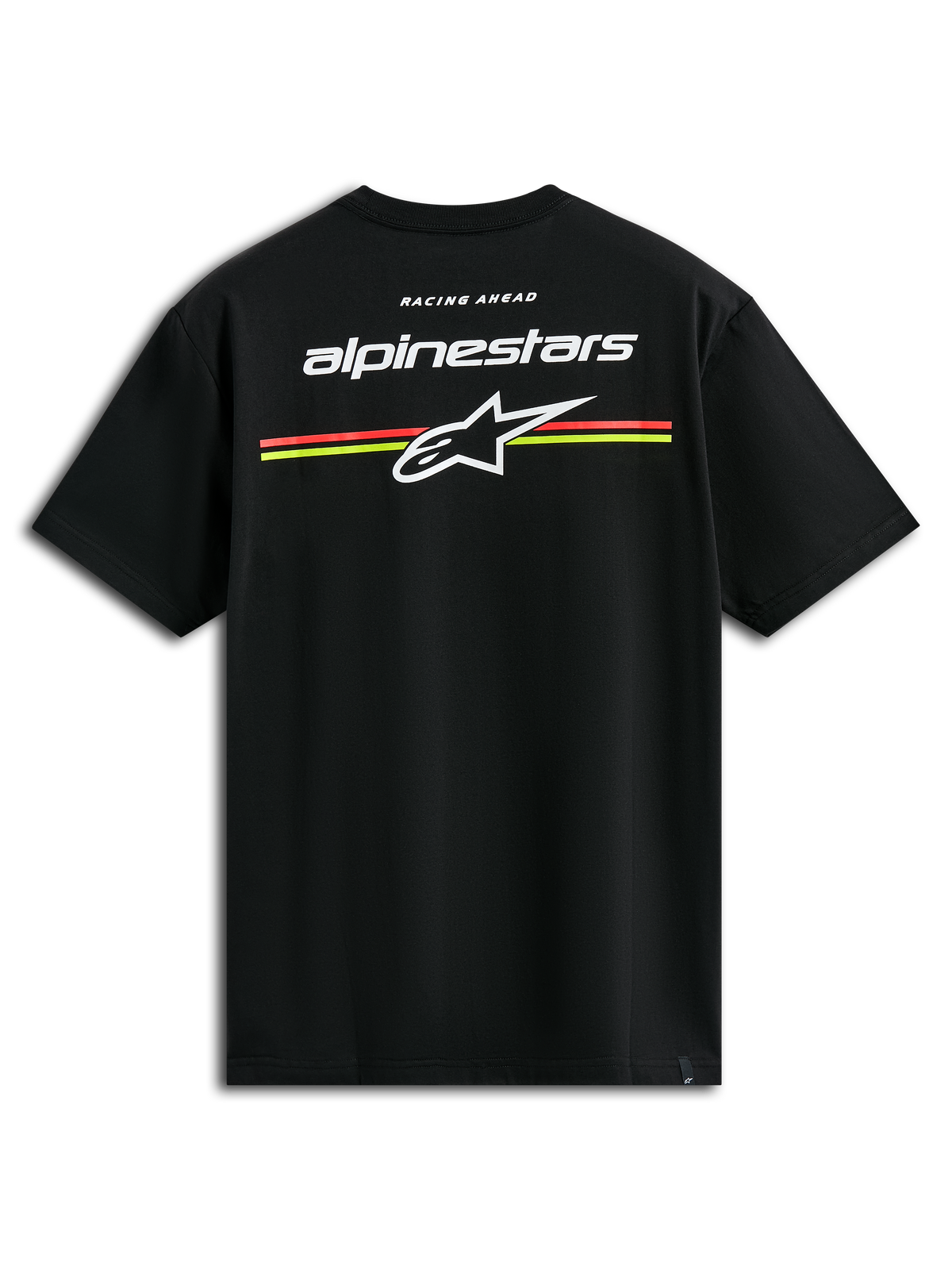 T-shirt Alpinestars Lanes CSF, t-shirt à manches courtes, noir, logos Alpinestars et Astars blancs avec rayures horizontales orange et jaunes au dos, vêtement streetwear de sport motorisé décontracté