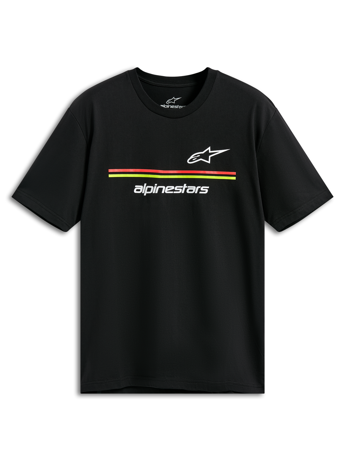 Alpinestars Lanes CSF Tee, t-shirt à manches courtes, noir, logos Astars et Alpinestars blancs avec rayures rouges et jaunes, vêtement streetwear décontracté de sport automobile