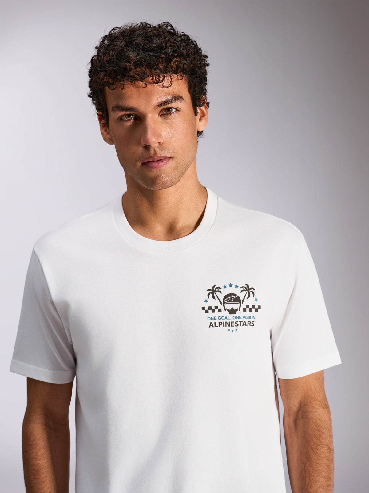 Alpinestars Order CSF Tee, Short Sleeve T-Shirt, White, Graphic Print with Helmet and Palm Trees, "One Goal. One Vision." text, Casual Motorsport Sportswear