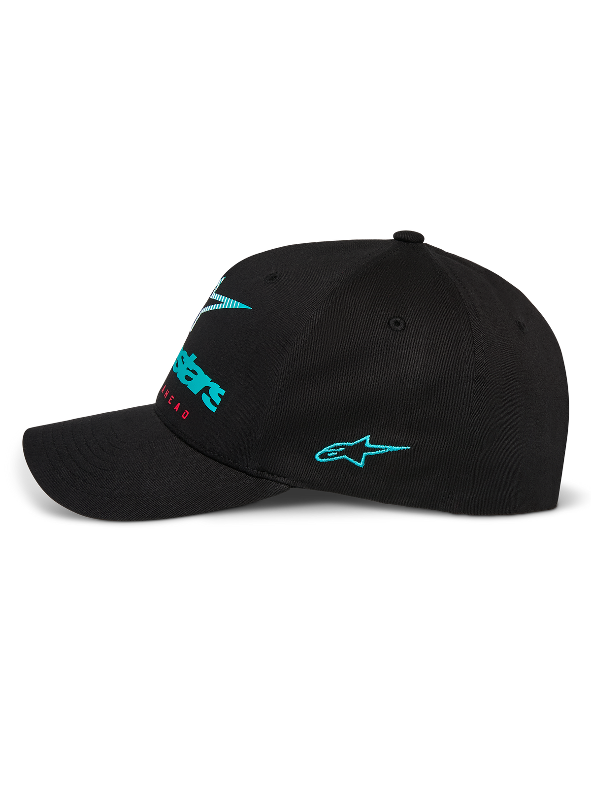 Casquette Alpinestars Instinct, vue de profil d'une casquette de baseball noire, logo Astars brodé bleu sarcelle sur le côté et marquage frontal en dégradé, visière incurvée avec couronne structurée, style streetwear motorsport décontracté