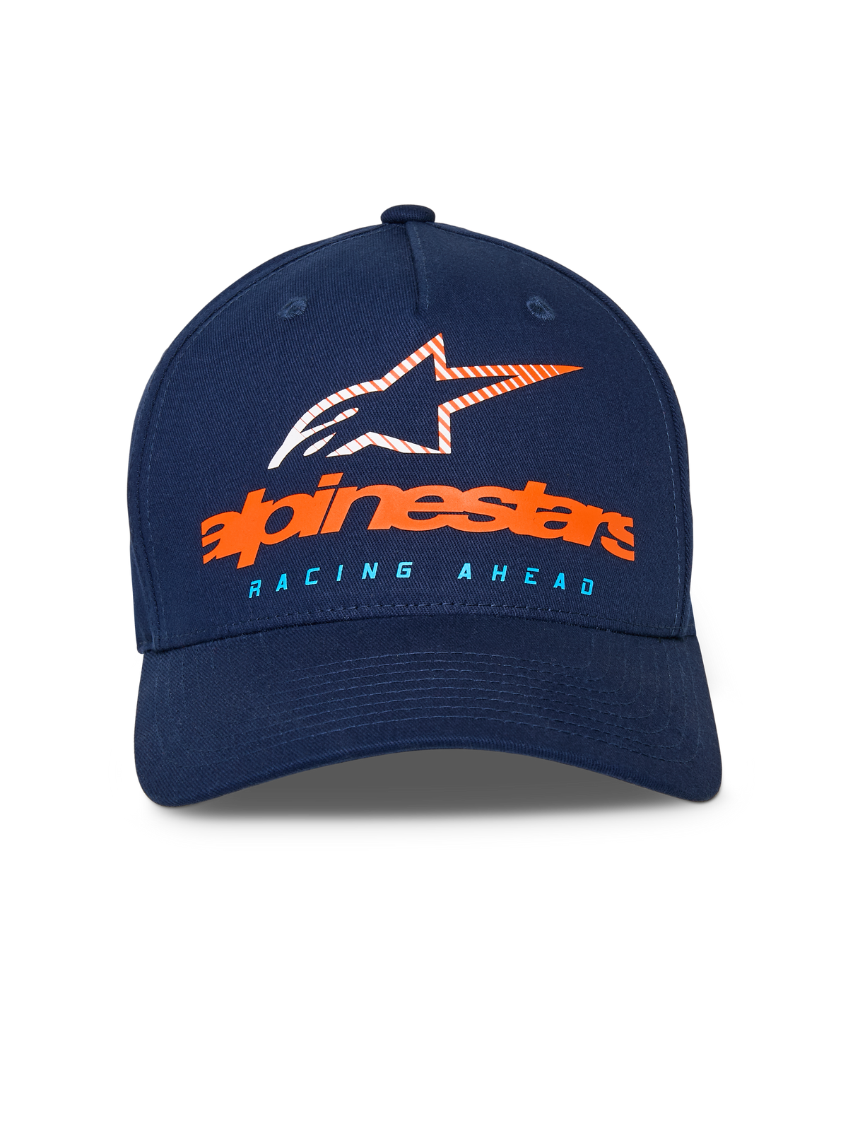 Casquette Alpinestars Instinct, casquette de baseball bleu marine, visière incurvée avec couronne structurée, logo Alpinestars orange et logo étoile rayé sur le devant, texte « RACING AHEAD » bleu clair, sportswear décontracté