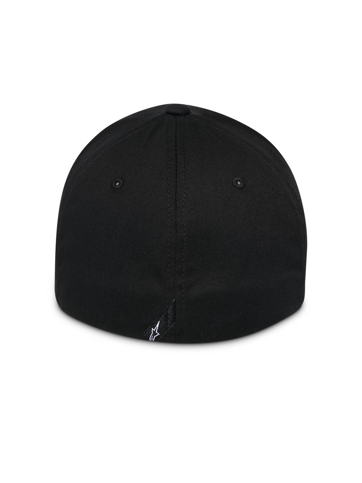 Casquette Alpinestars Surpass, noire, vue arrière d'une casquette à visière incurvée avec couronne structurée, modèle flexible, petit logo Astars blanc sur l'étiquette arrière, couvre-chef sportswear décontracté