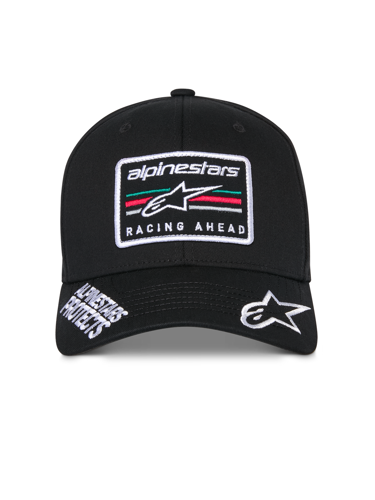 Casquette Alpinestars Surpass, casquette de baseball structurée noire, visière incurvée avec logo Astars blanc brodé et texte « Alpinestars Protects », écusson logo « Racing Ahead » à l'avant avec rayures multicolores, accessoire de tête décontracté d'inspiration sports mécaniques