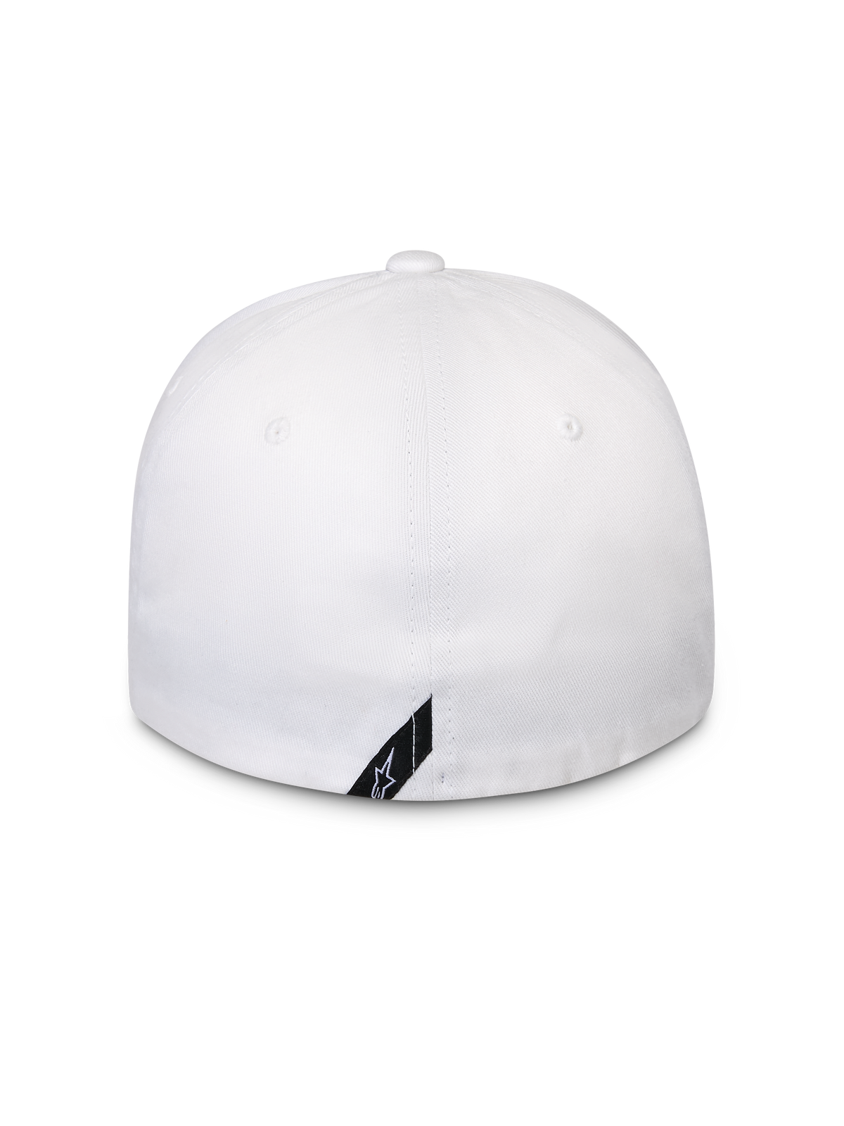 Casquette Alpinestars Surpass, blanche, vue arrière d'une casquette de baseball flex-back, couronne structurée, dotée d'une petite étiquette noire diagonale avec le logo Alpinestars sur le bord inférieur, sportswear décontracté