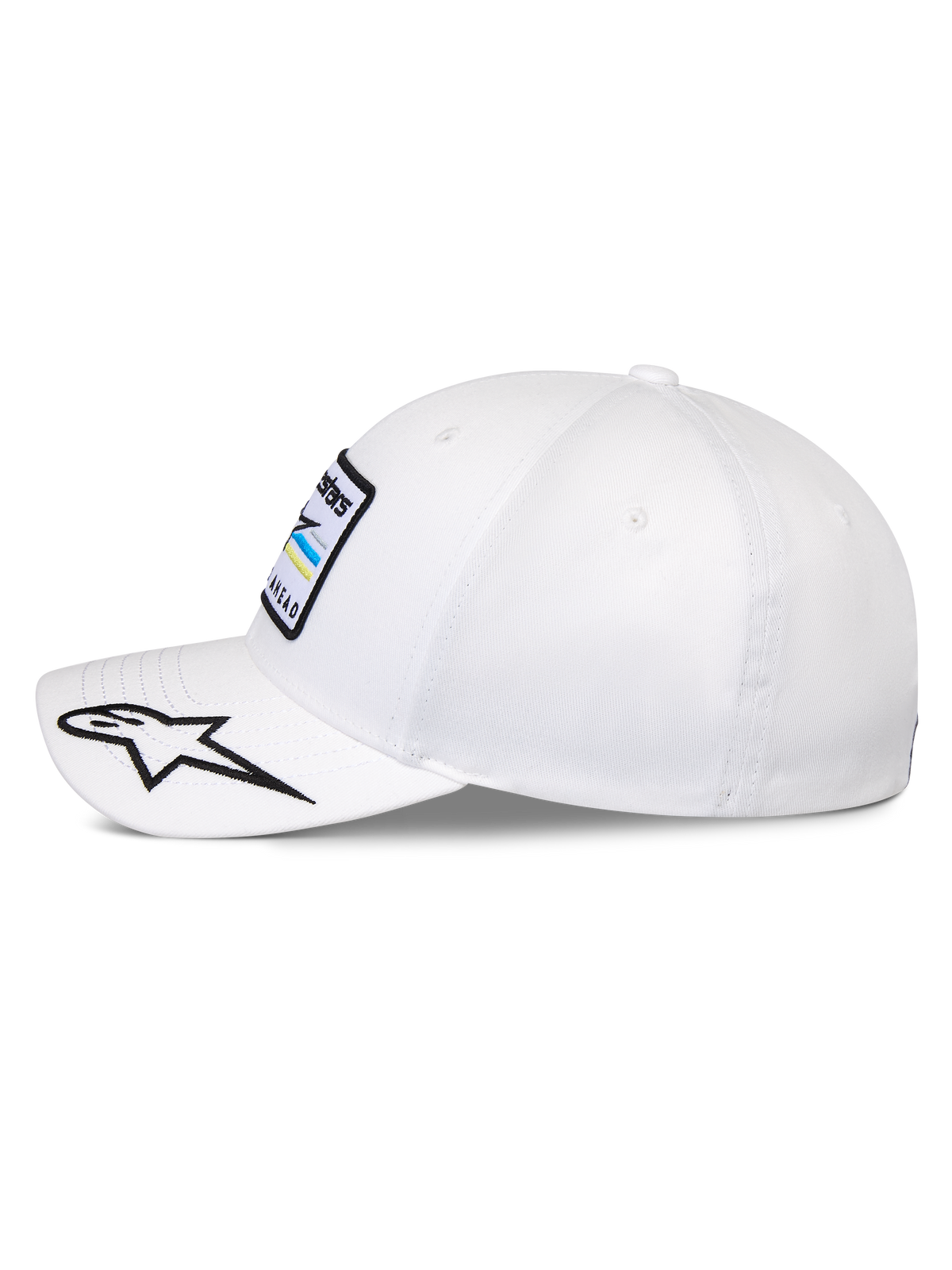 Casquette Alpinestars Surpass, casquette de baseball structurée, blanche, visière incurvée avec logo étoile brodé noir et blanc, vue de profil montrant l'écusson du logo Astars à l'avant, couvre-chef décontracté inspiré du sport automobile