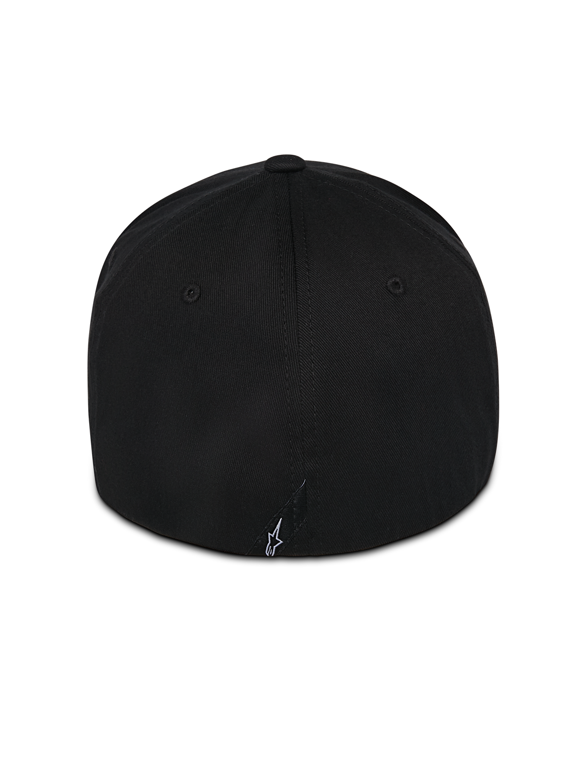 Casquette Alpinestars Pivot, casquette noire avec dos flexible, vue arrière avec un petit logo Astars blanc brodé, fabrication en sergé, vêtement sportswear décontracté