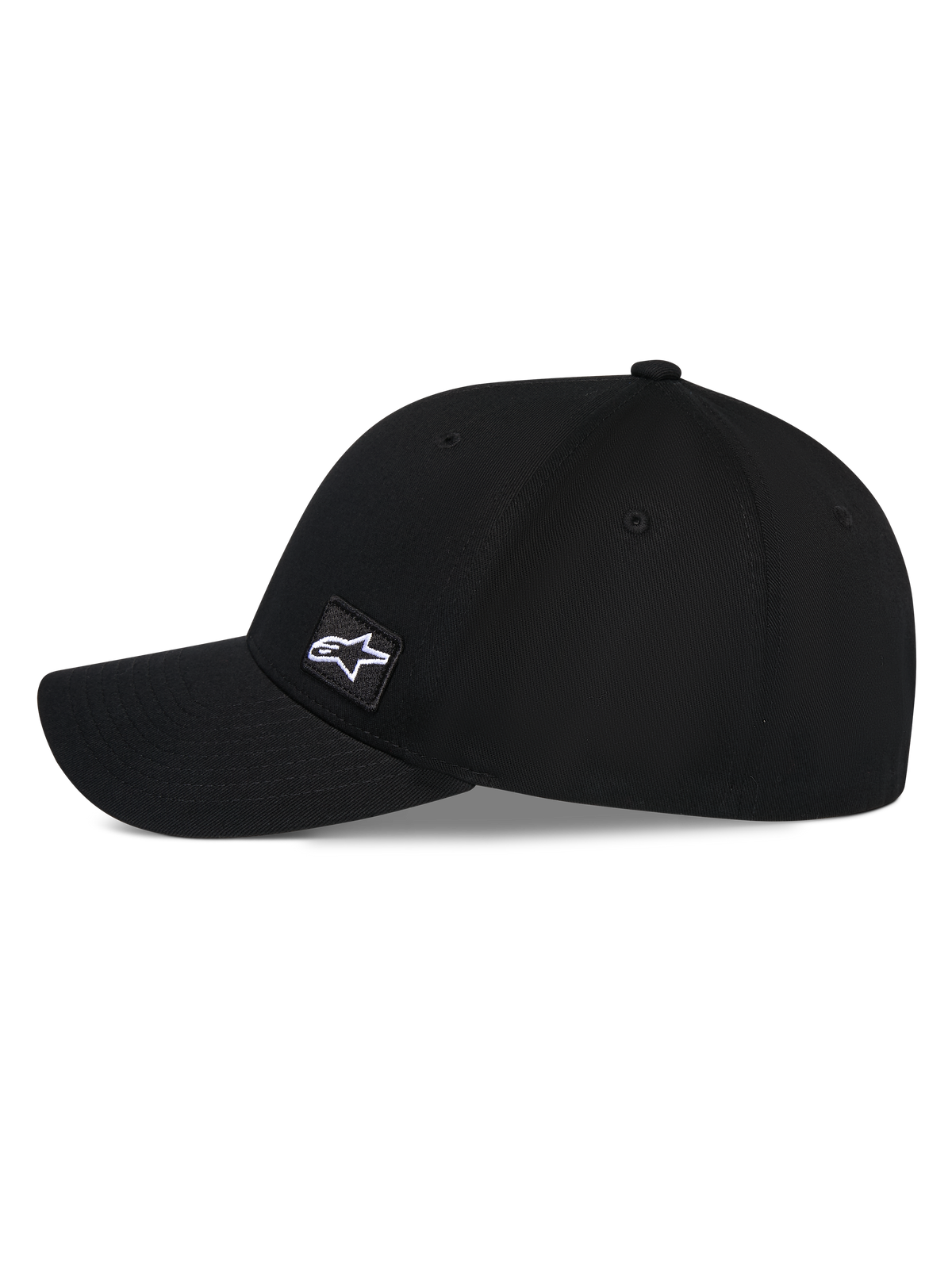 Casquette Alpinestars Pivot, casquette de baseball noire, vue de profil avec visière courbée et couronne structurée, petit patch carré brodé du logo Astars sur le côté, couvre-chef décontracté inspiré du sport automobile