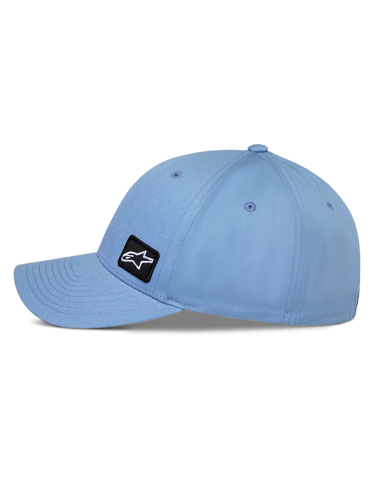Alpinestars Pivot Hat, Blue, curved bill baseball-style cap, side view showing structured crown and twill fabric, small black Astars logo embroidery patch, casual motorsport-inspired sportswear