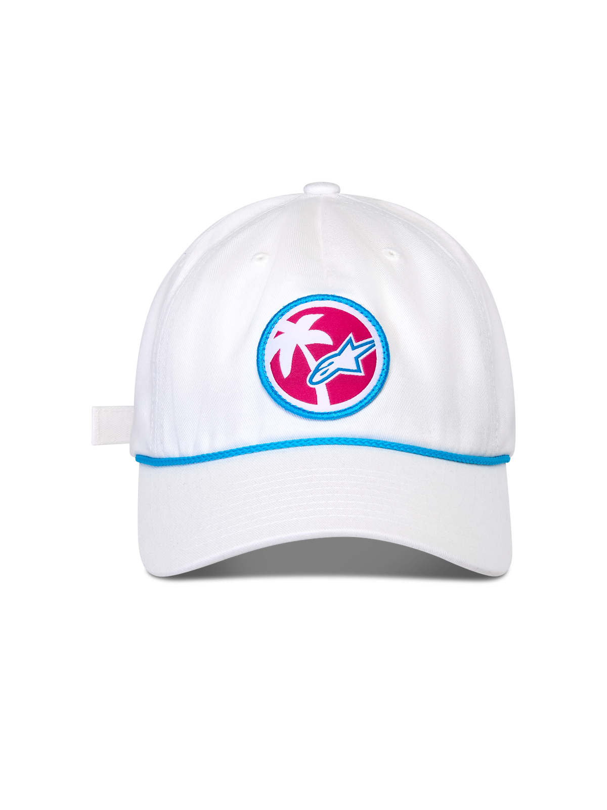 Casquette Alpinestars Calipalm Strapback, casquette de baseball blanche, visière courbée avec détail de cordon bleu, écusson frontal circulaire sur fond rose avec palmier blanc et logo Astars bleu, couvre-chef sportswear décontracté