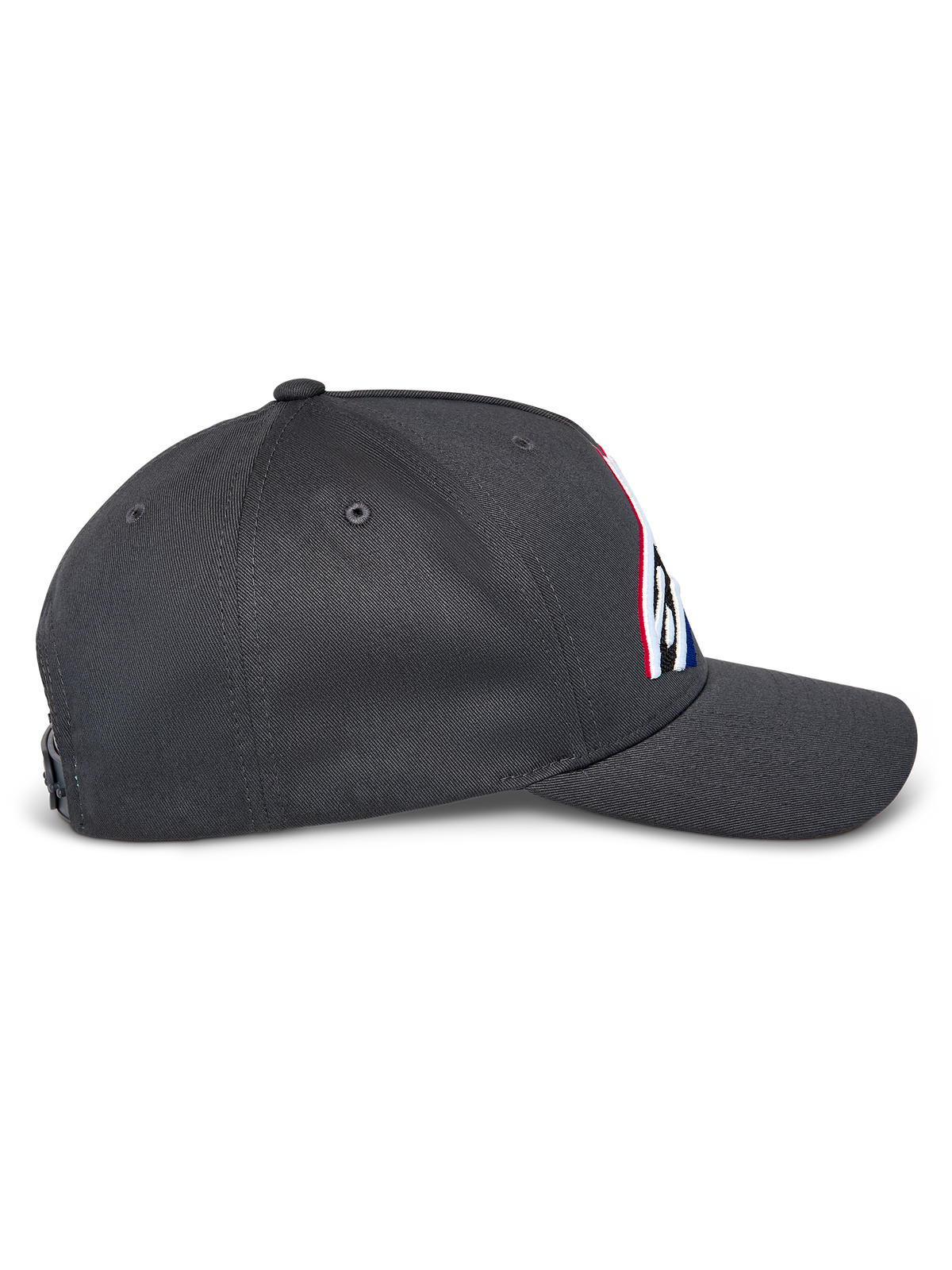Alpinestars Lucid Snapback Hat, side profile view, Charcoal Gray, curved bill and structured crown, embroidered front logo with multi-color fill, casual motorsport-inspired snapback