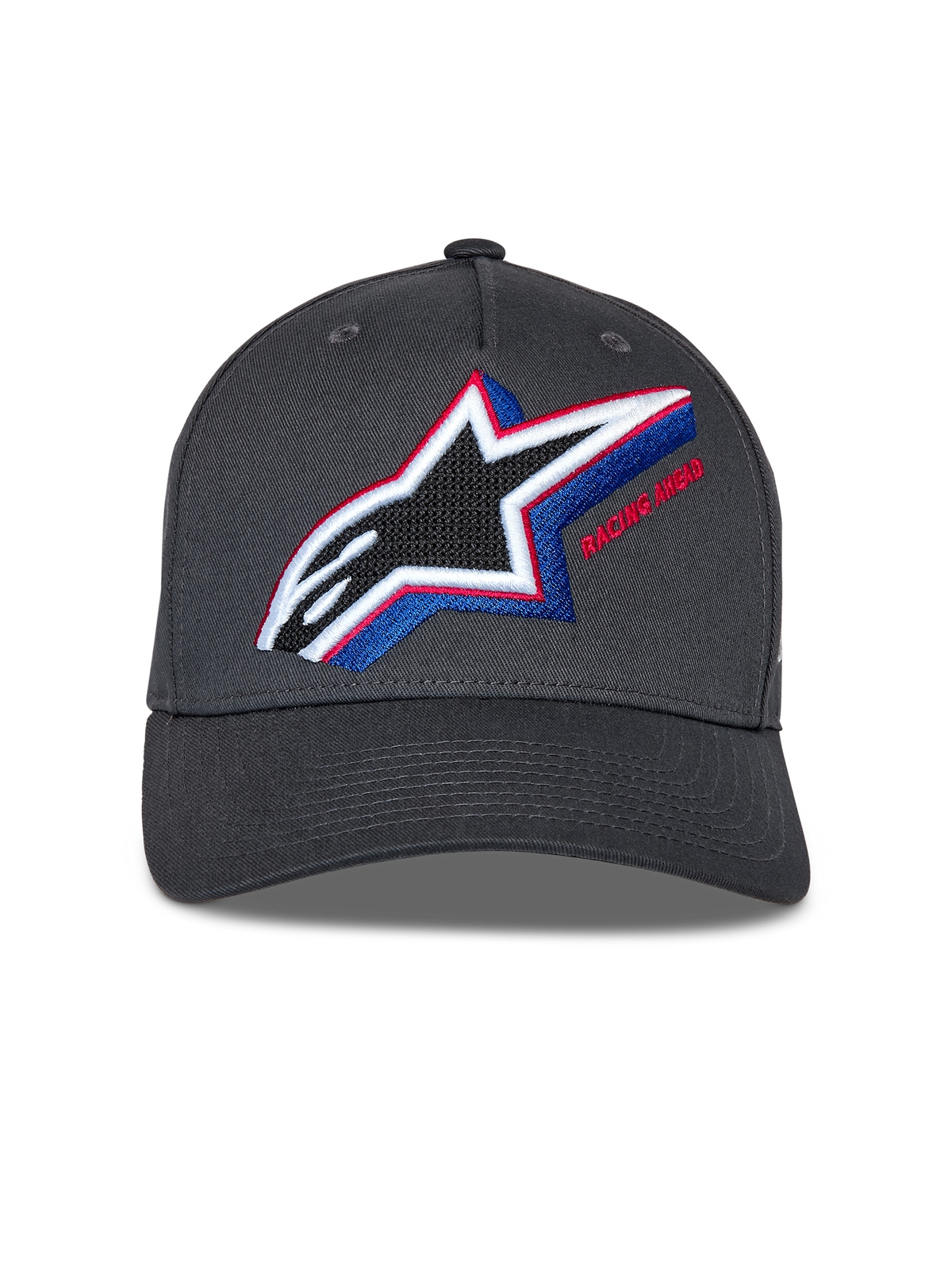 Alpinestars Lucid Snapback Hat, Charcoal Gray, featuring multi-color embroidered Astars logo with red and blue accents, curved bill, structured crown, casual motorsport streetwear