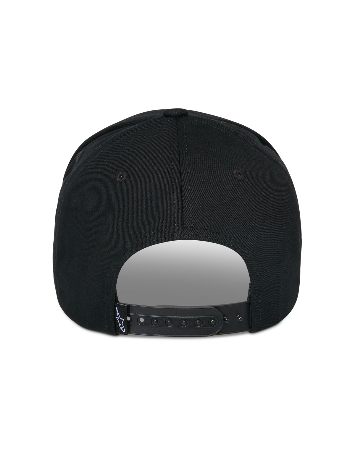 Casquette Snapback Matrix Alpinestars, noire, vue arrière, dotée d'une fermeture snapback réglable avec une petite étiquette logo blanche, couronne structurée et visière incurvée, style streetwear décontracté inspiré du sport automobile