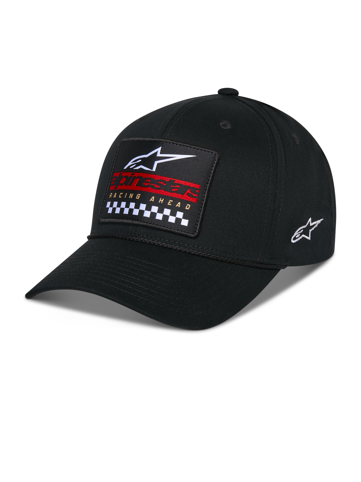 Casquette Snapback Matrix Alpinestars, noire, visière incurvée avec couronne structurée, écusson brodé multicolore à l'avant avec logo Alpinestars, marquage rouge et motif à damier, logo brodé sur le côté, couvre-chef motorsport décontracté