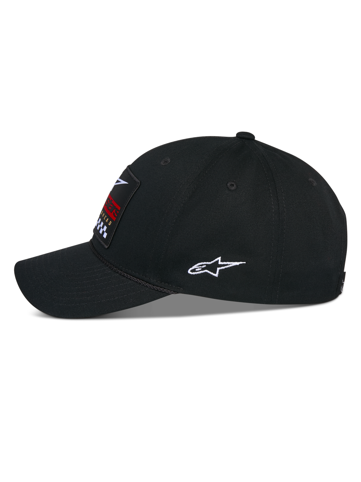 Casquette Snapback Alpinestars Matrix, noire, vue de profil d'une casquette de baseball décontractée avec visière incurvée et couronne structurée, écusson brodé multicolore à l'avant et logo Astars blanc sur le côté, construction en sergé de coton.