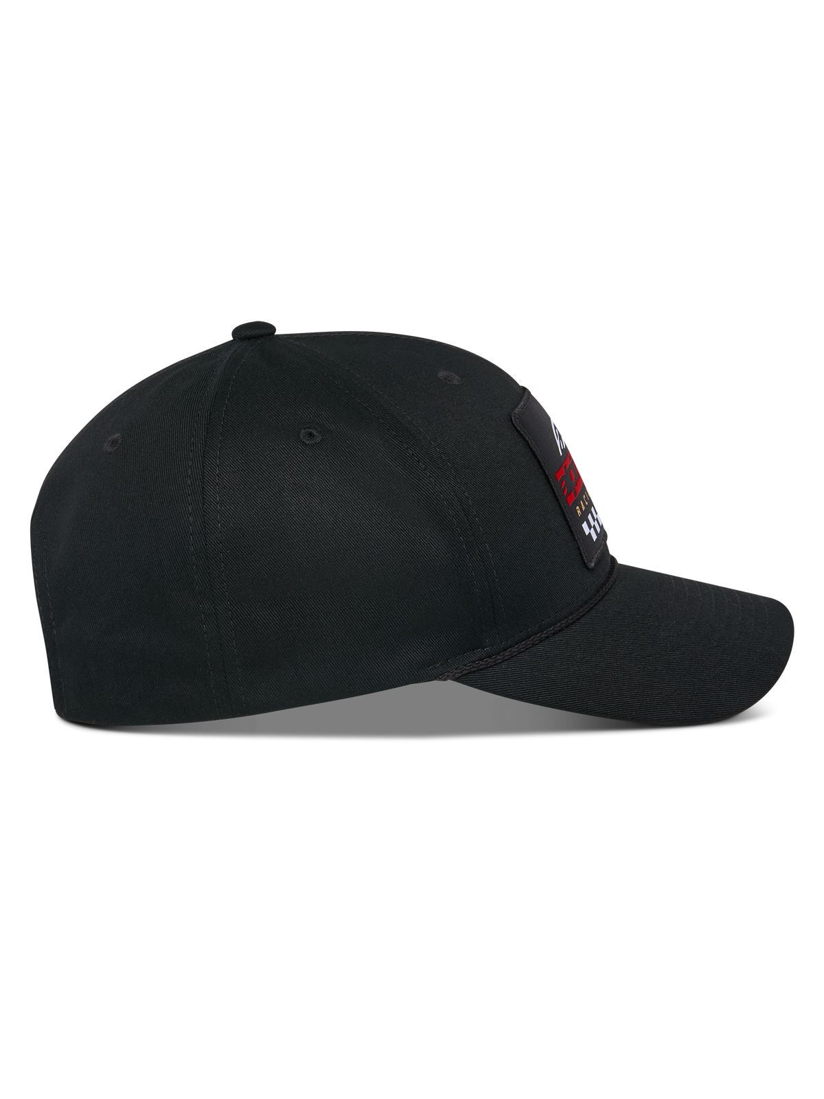 Casquette Snapback Matrix Alpinestars, profil latéral, casquette en sergé de coton noir avec visière incurvée et couronne structurée, dotée d'un écusson brodé multicolore sur l'avant, style streetwear motorsport décontracté