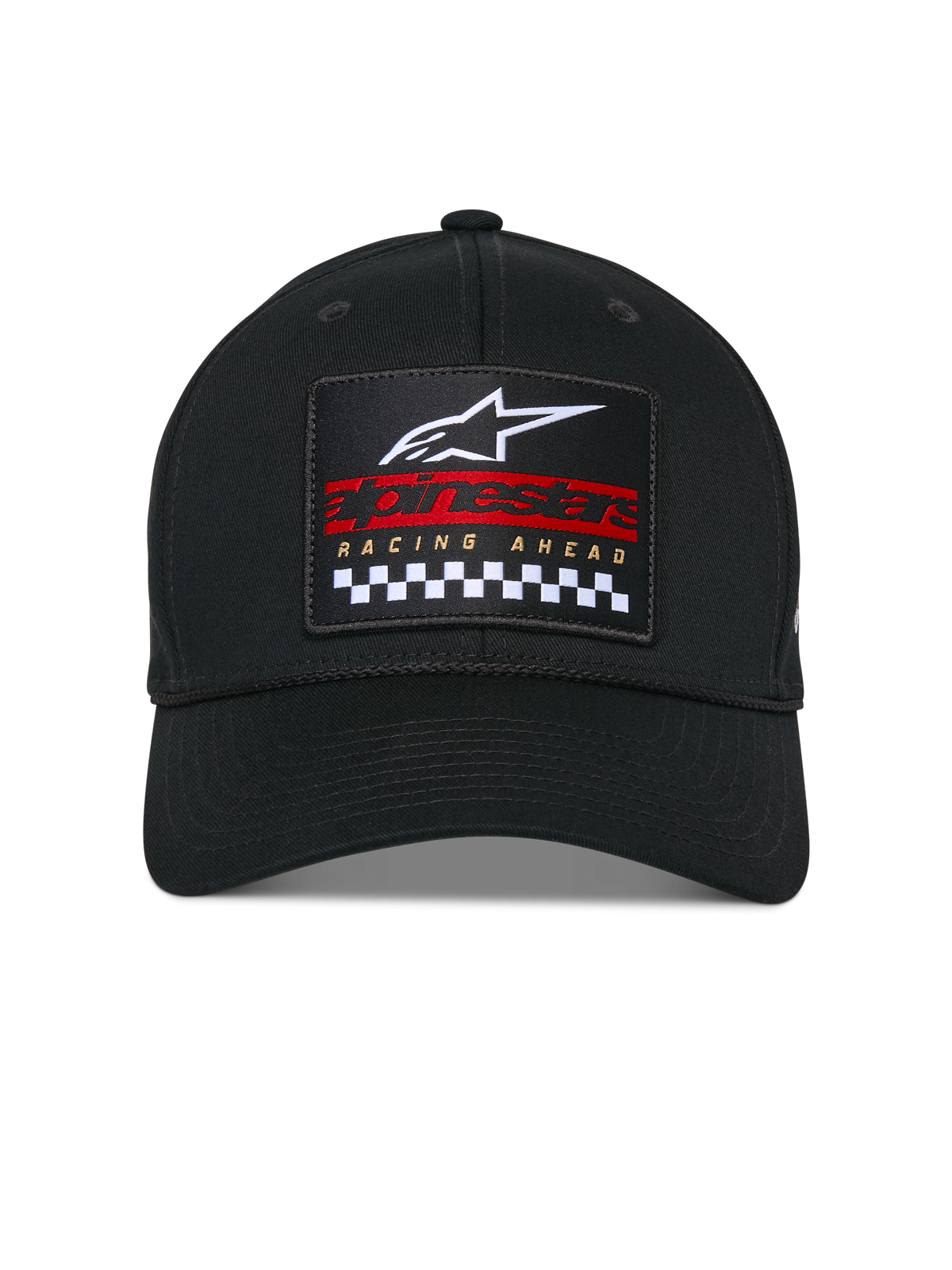 Casquette Snapback Matrix Alpinestars, noire, couronne structurée et visière incurvée, vue de face avec écusson brodé multicolore présentant le logo Astars blanc, lettrage rouge et motif à damier noir et blanc, couvre-chef décontracté de sport mécanique