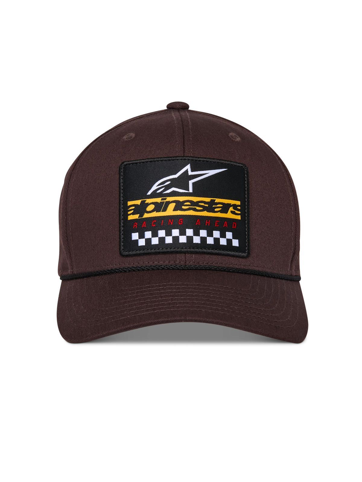Casquette Snapback Matrix Alpinestars, marron, vue de face avec couronne structurée et visière incurvée, écusson brodé multicolore avec logo Alpinestars et motif de course à damier, détail de cordelette noire, couvre-chef décontracté inspiré des sports mécaniques