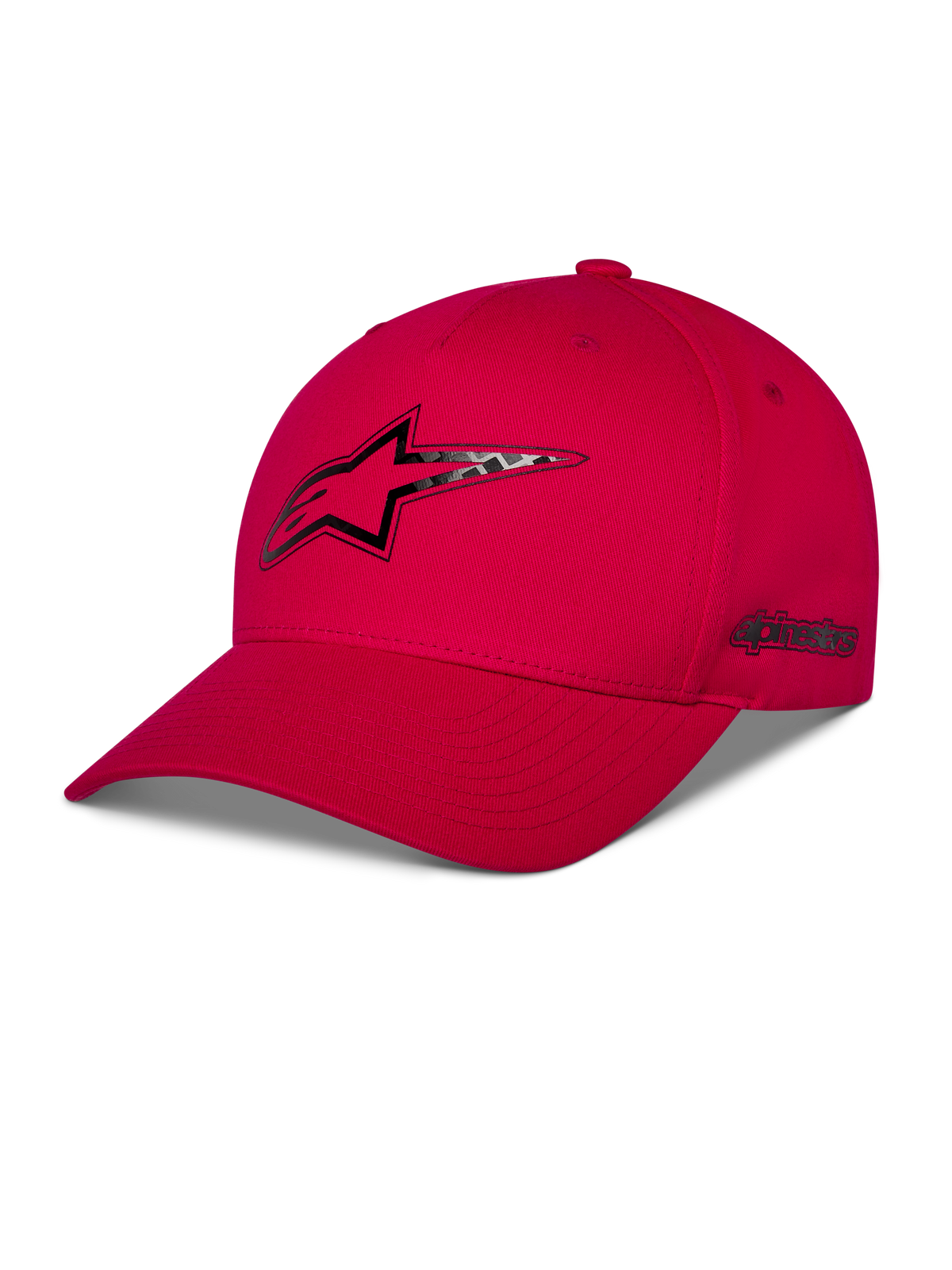 Casquette Snapback Alpinestars Carbon Fiber, rouge, logo Astars à l'avant et logo sur le côté avec impression par transfert thermique aspect fibre de carbone, visière incurvée et couronne structurée, style streetwear motorsport décontracté