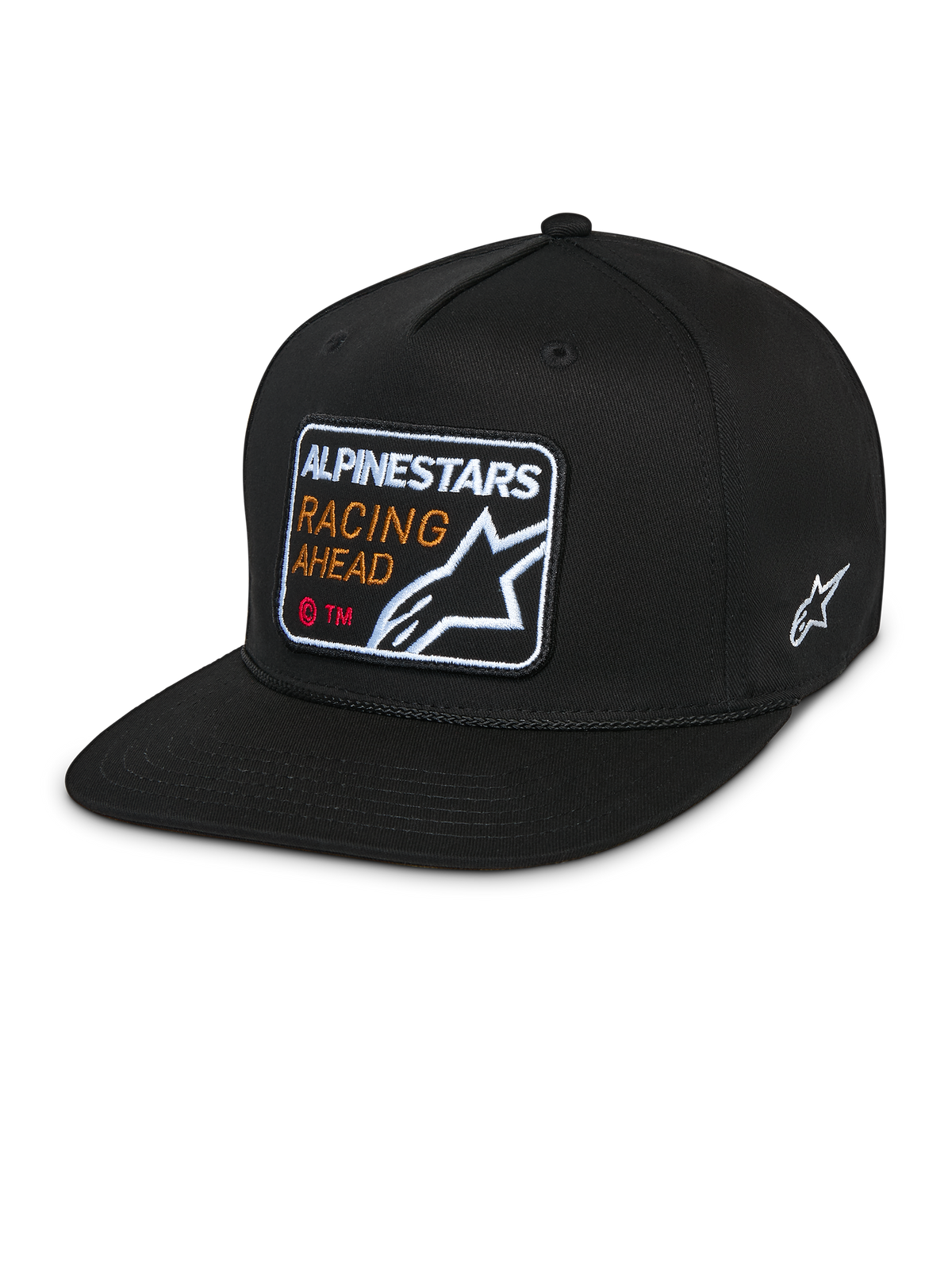 Casquette Snapback Intuitive Alpinestars, noire, visière plate avec couronne structurée, écusson brodé à l'avant avec « Alpinestars Racing Ahead » et logo, logo Astars blanc sur le côté, couvre-chef décontracté en sergé