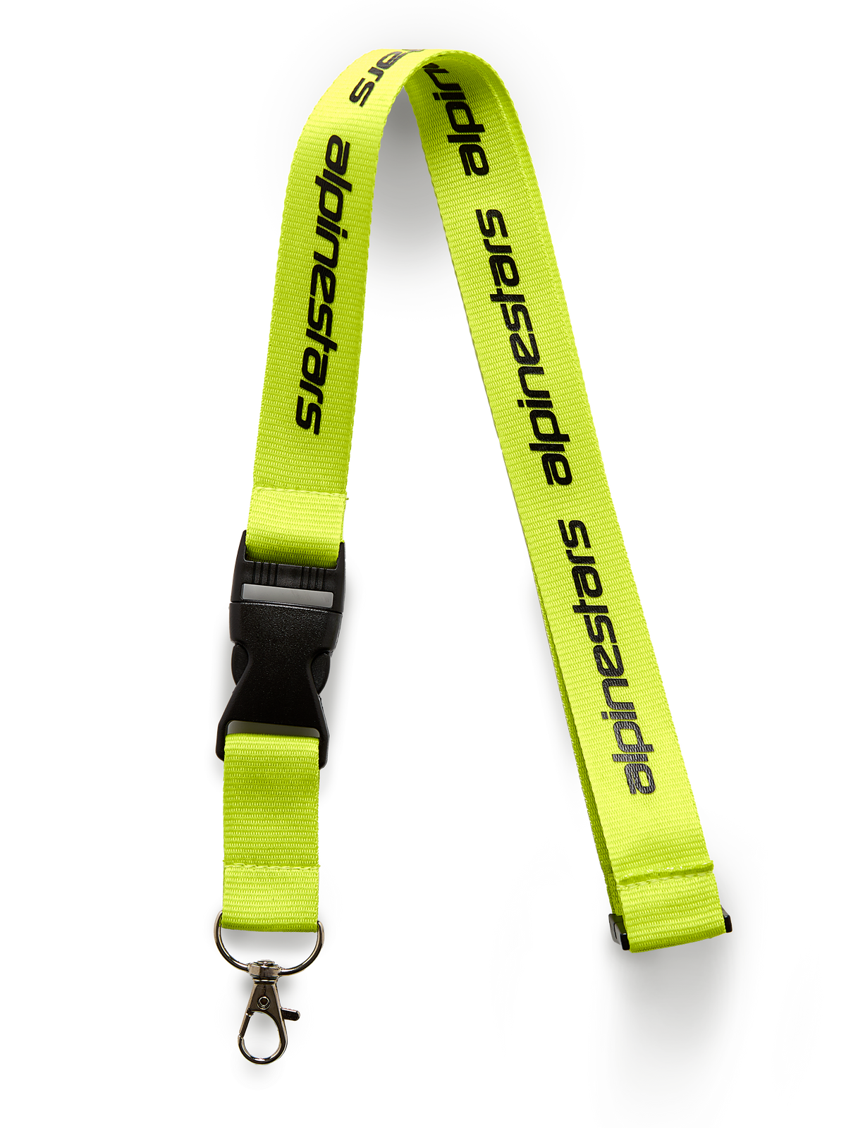 Cordon Alpinestars Linear, jaune fluo avec logo imprimé noir, doté d'une boucle détachable en plastique noir et d'un clip pivotant en métal, tour de cou en polyester de 20 pouces, accessoire inspiré des sports mécaniques