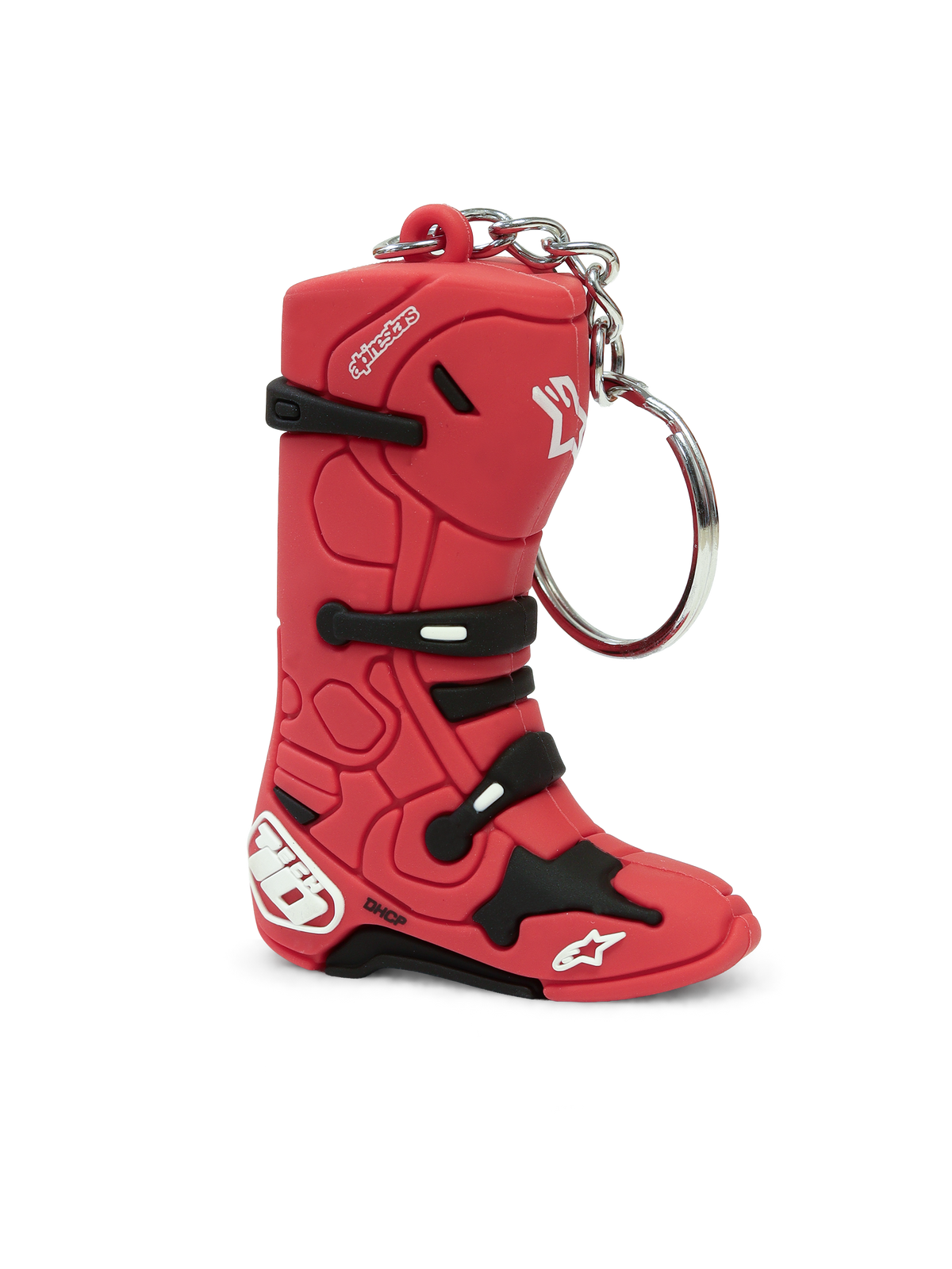 Porte-Clés Tech 10 Boot d'Alpinestars, porte-clés lifestyle moto en forme de botte de motocross rouge avec des détails noirs et blancs et un anneau métallique