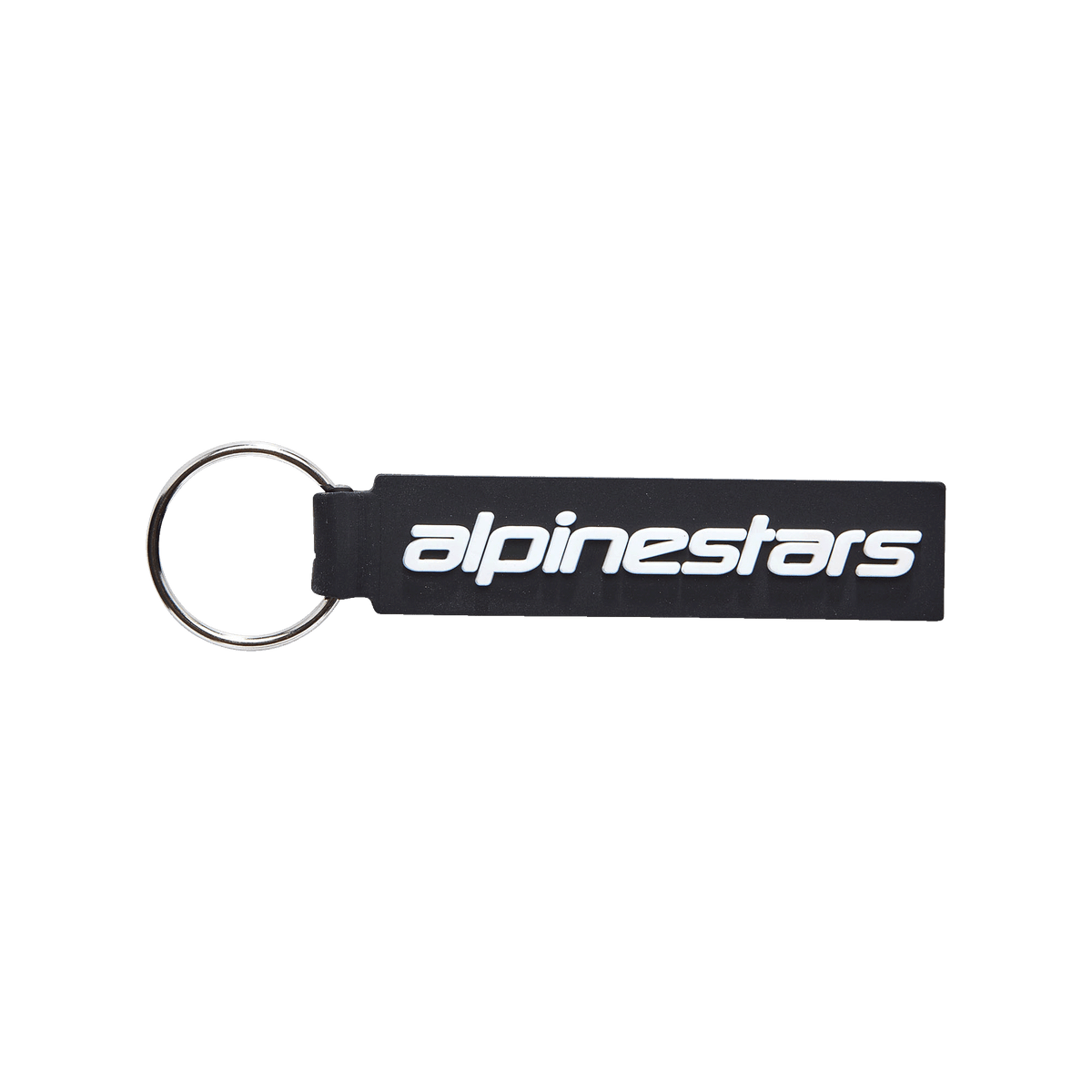 Porte-clés Alpinestars Linear, porte-clés rectangulaire noir avec logo Alpinestars blanc, anneau métallique argenté, construction premium en PVC moulé en 3D, accessoire inspiré du sport automobile