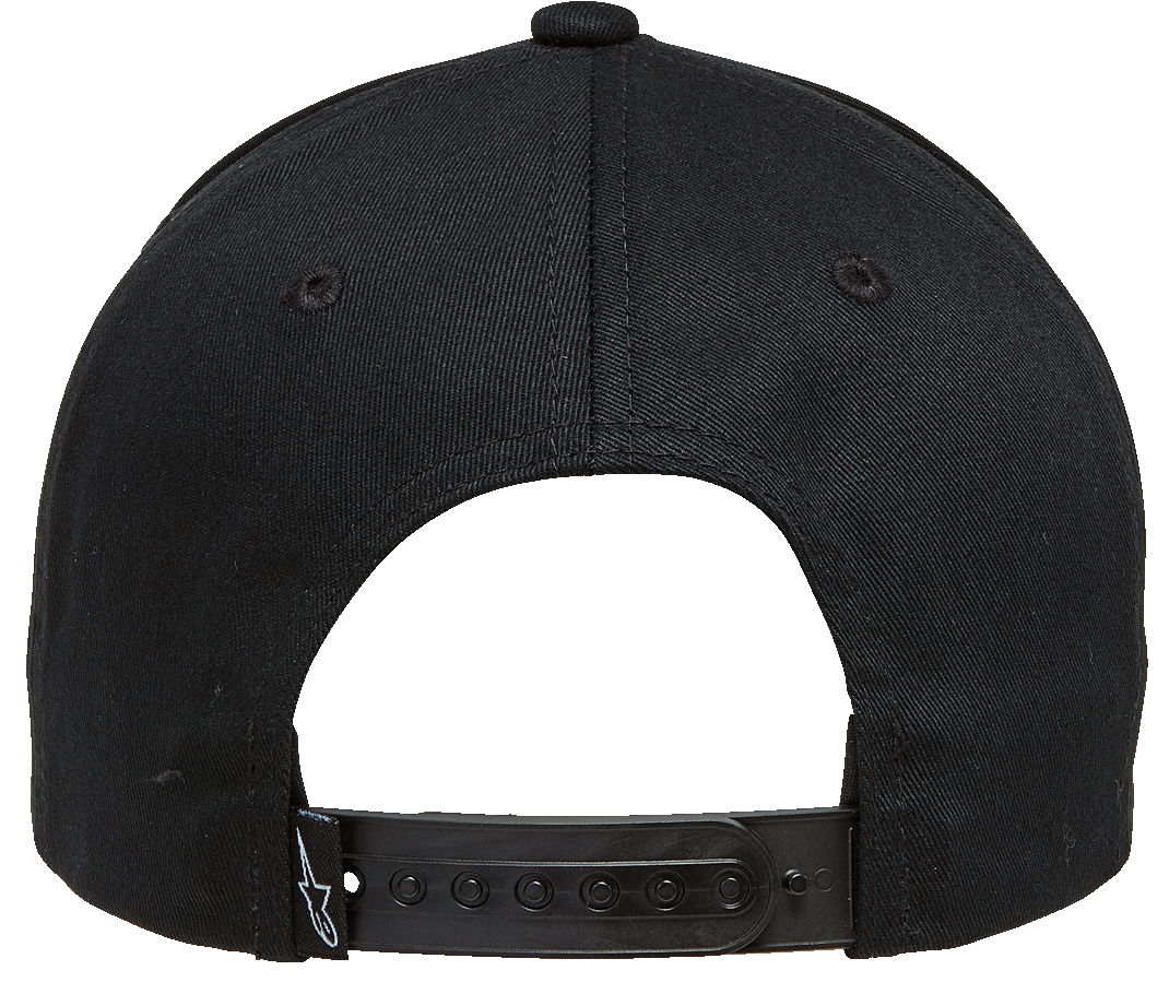 Casquette Alpinestars Rostrum, vue arrière, noir, fermeture snapback réglable avec petit logo étoile blanc, couvre-chef en tissu sergé d'inspiration sport automobile