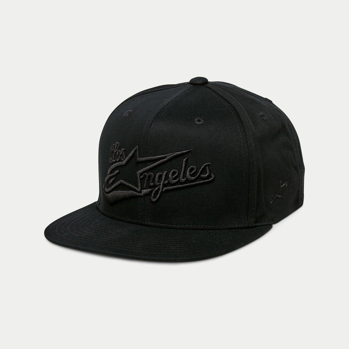 Casquette Alpinestars Los Angeles, casquette snapback à visière plate, noir, broderie 3D ton sur ton avec inscription Los Angeles et logo Ageless, couronne structurée, sportswear décontracté