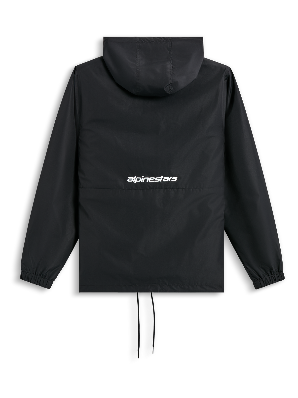 Alpinestars Veste Coupe-Vent Speeder Chromium, veste coupe-vent légère noire, vue de dos avec capuche, poignets élastiques, cordon de serrage à l'ourlet et logo en lettres blanc au dos