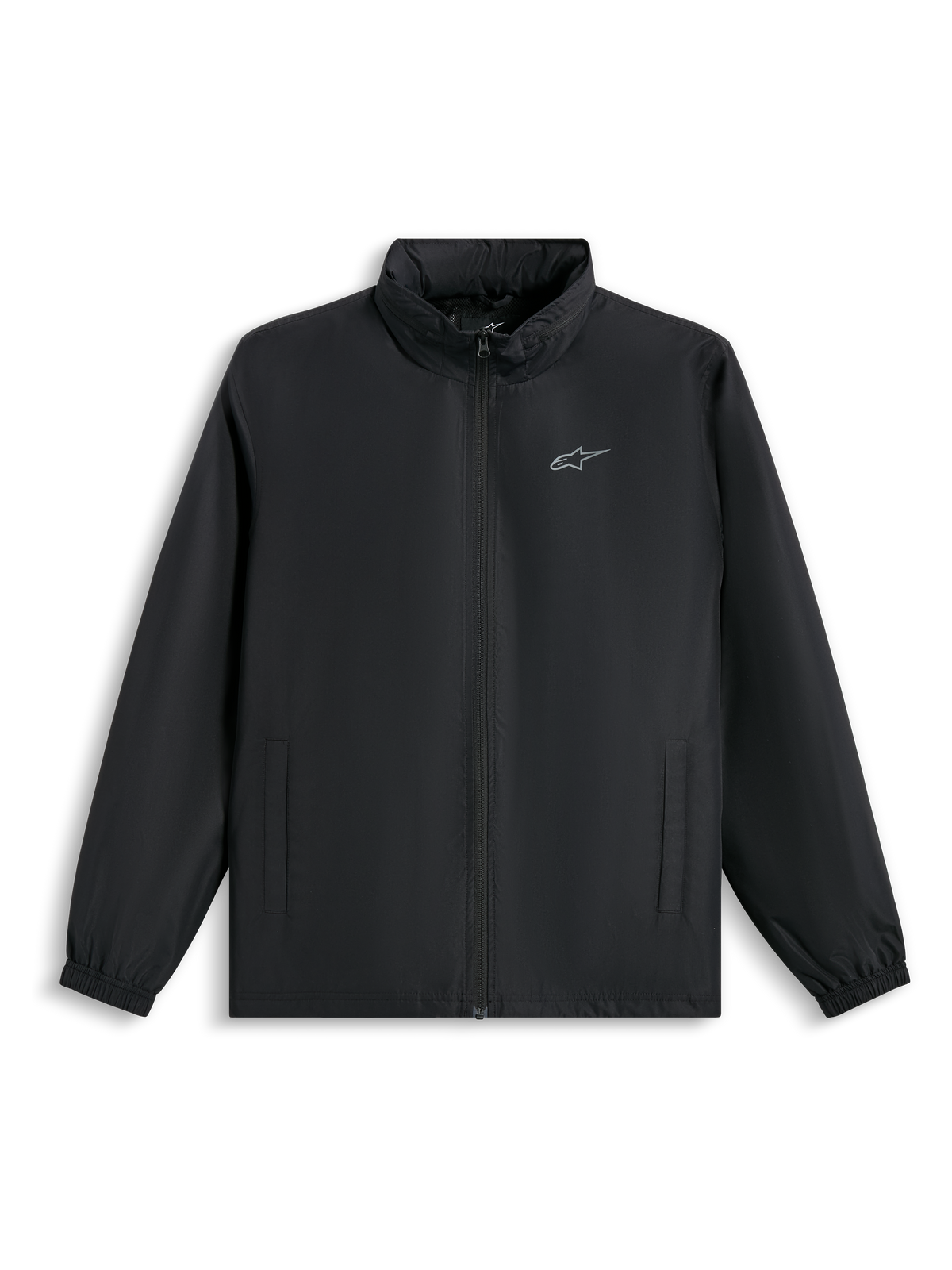Veste Alpinestars Overhaul Racer, veste de pluie noire, avec petit logo argenté sur la poitrine, fermeture éclair avant intégrale et poches latérales, streetwear décontracté inspiré des sports mécaniques