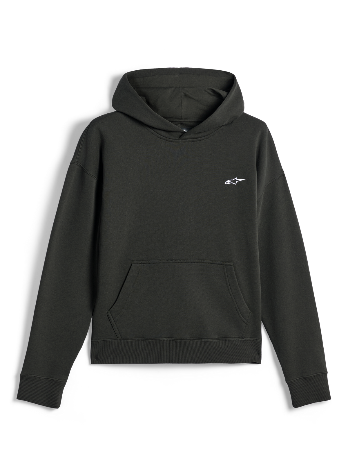 Sweat à capuche Alpinestars Essentials Ageless, streetwear décontracté, noir Off Black avec petit logo Astars blanc, modèle à enfiler avec capuche et poche kangourou frontale, finition premium en molleton délavé à la pierre