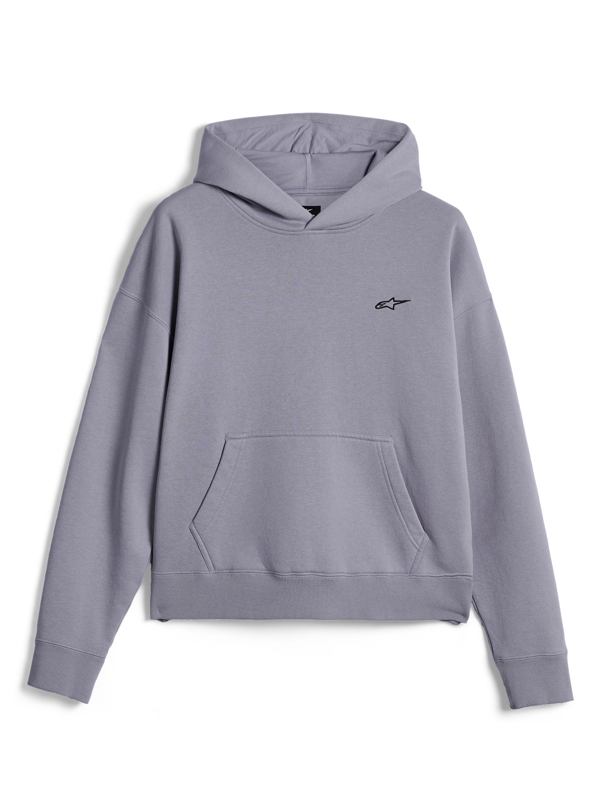 Sweat à capuche Alpinestars Essentials Ageless, style streetwear décontracté, molleton argenté avec finition délavée à la pierre, petit logo Astars noir sur la poitrine, poche kangourou frontale, design pullover avec capuche