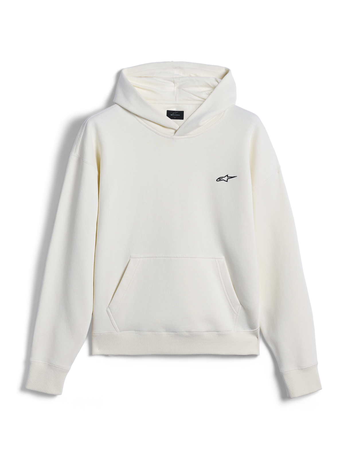 Sweat à capuche Alpinestars Essentials Ageless, streetwear décontracté, blanc cassé avec petit logo Astar noir sur la poitrine, poche kangourou, manches longues, design minimaliste inspiré du sport automobile