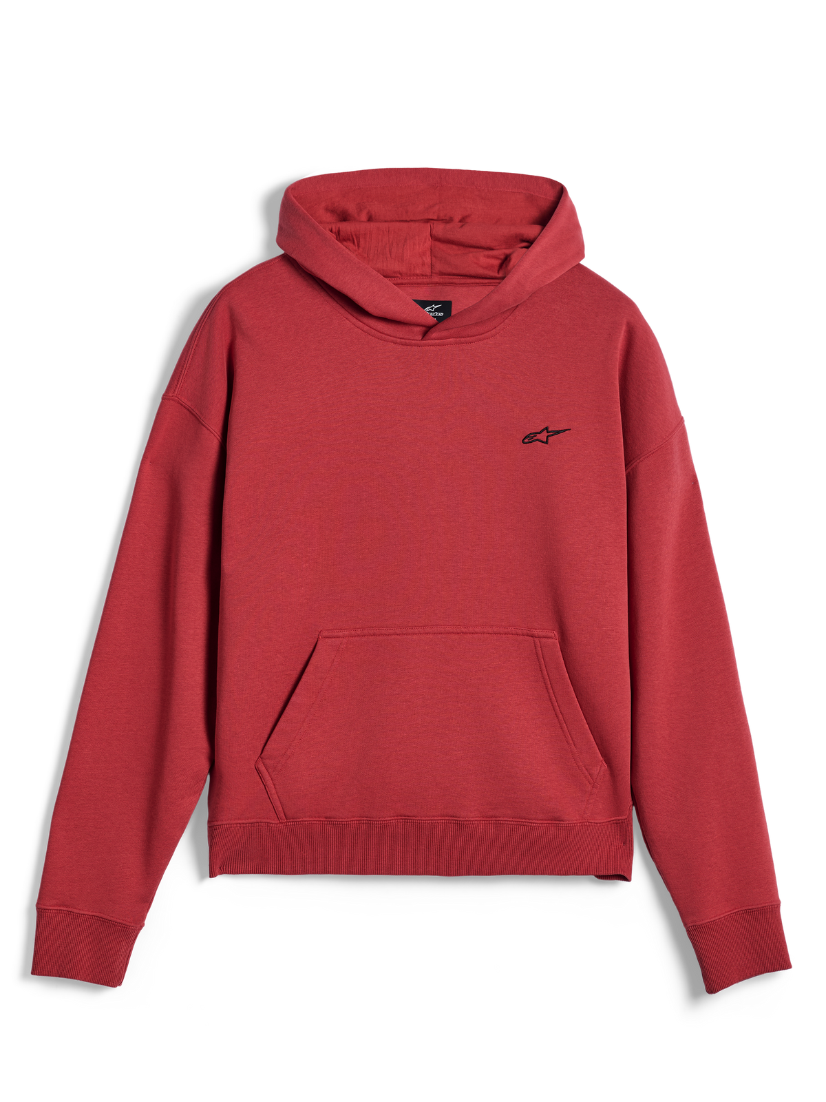 Sweat à capuche Alpinestars Essentials Ageless, vêtement de sport décontracté, rouge brique, avec un petit logo étoile Alpinestars noir sur la poitrine, poche kangourou, ourlet et poignets côtelés, design streetwear minimaliste
