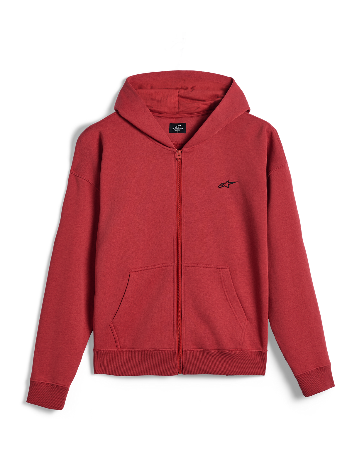 Alpinestars Essentials Ageless Zip Hoodie, sweat à capuche entièrement zippé, rouge brique, petit logo Alpinestars noir sur la poitrine, streetwear motorsport décontracté, poignets et ourlet côtelés