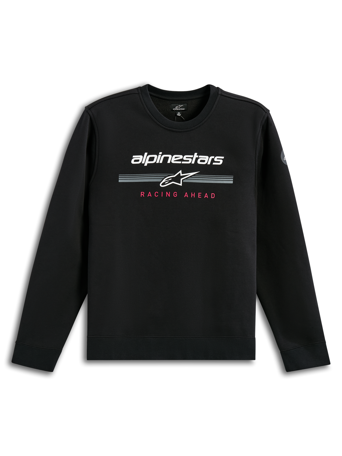 Alpinestars Bettern Crew, sweatshirt à col rond noir, logo Alpinestars blanc avec des bandes de course grises, texte 'Racing Ahead' rouge, style streetwear motorsport décontracté